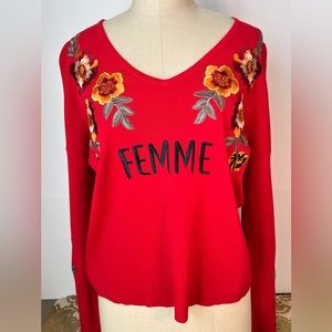 INC International Concepts Red V Neck Knit Top w Gorgeous Floral Embroidery